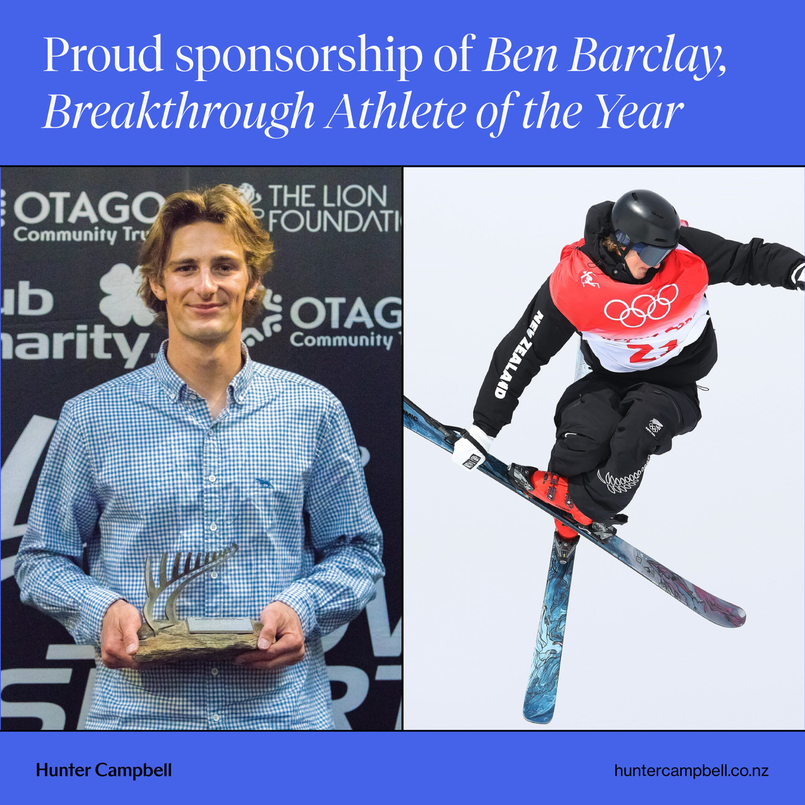 Hunter Campbell sponsored athlete Ben Barclay awarded 2022 Breakthrough Athlete of the Year at SnowSports New Zealand Awards.